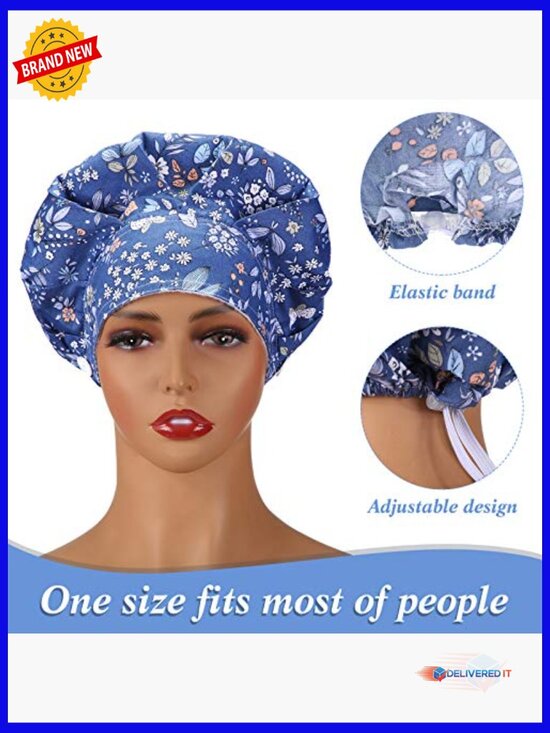 12 Bouffant Caps Adjustable Nurse Hats with Buttons Sweatband Printed main image 4